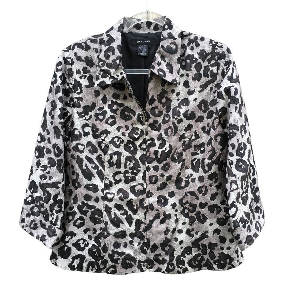 Silkland 100% Silk Animal Zip Up Long Sleeve Jacket Medium NWOT